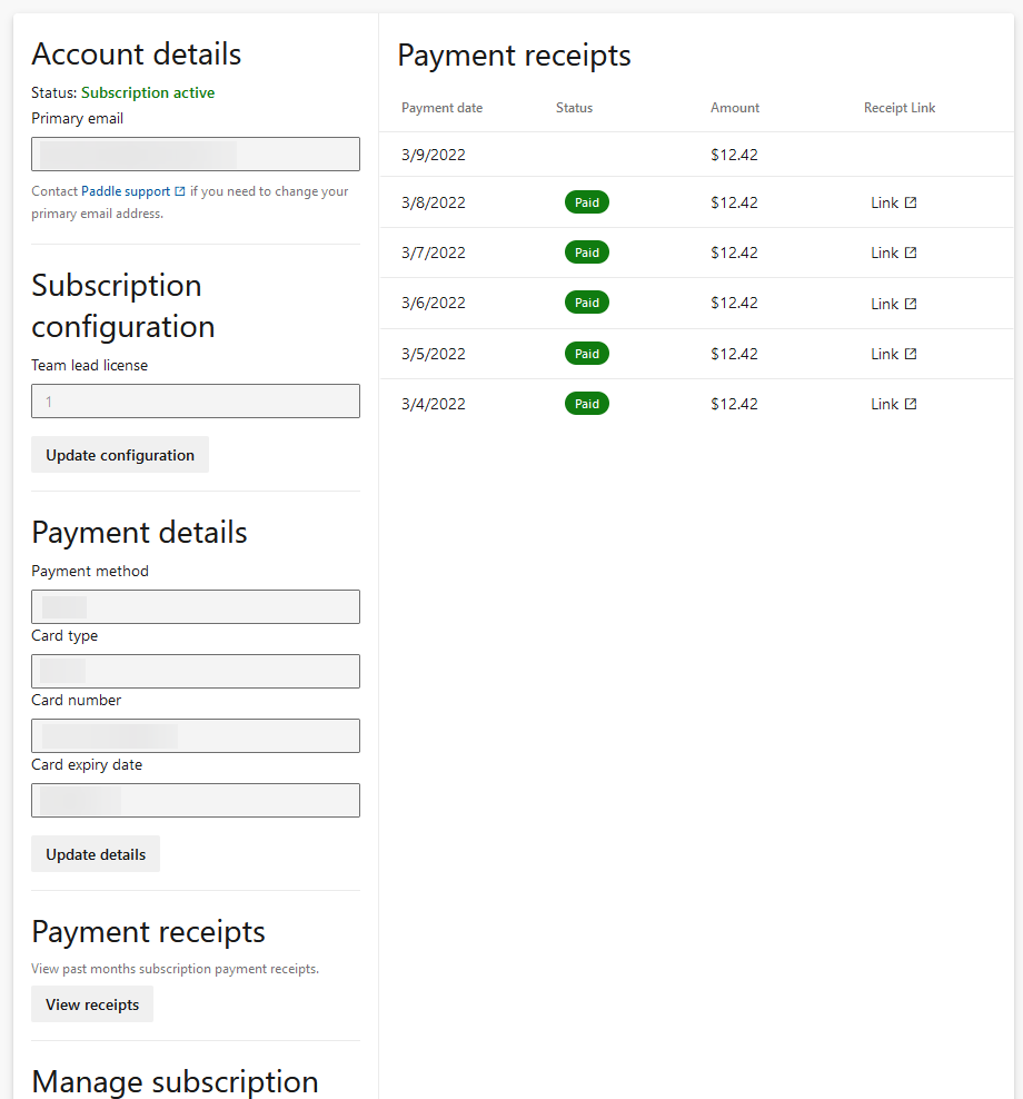 Example payment receipt